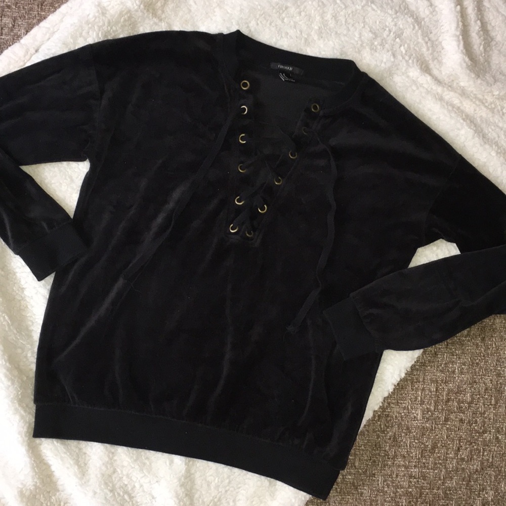 Forever 21 Lace Up Velour Top Black M